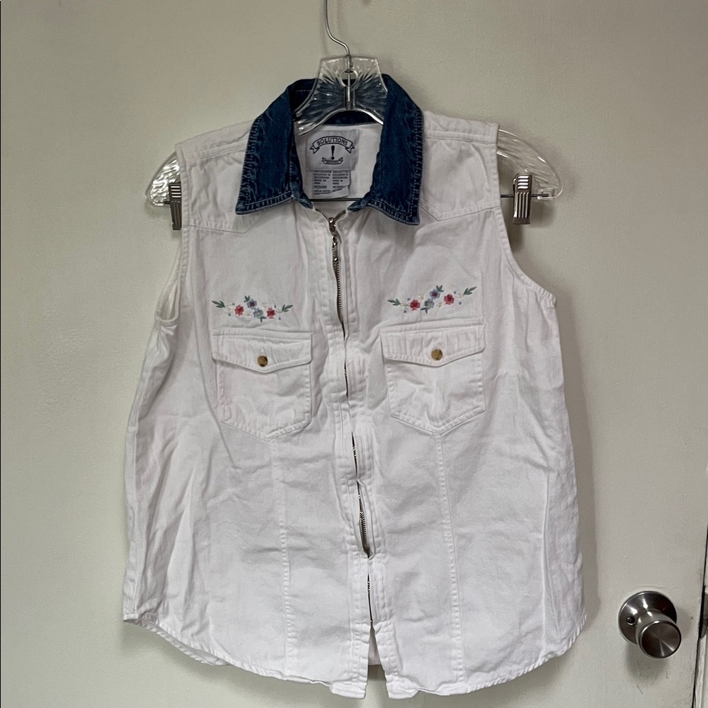 White Sleeveless Shirt with Denim Collar 7-20